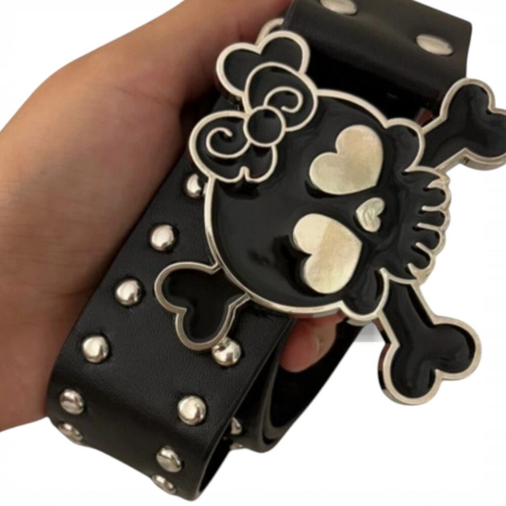 Skull Bow Belt Studded Black Faux Leather Small